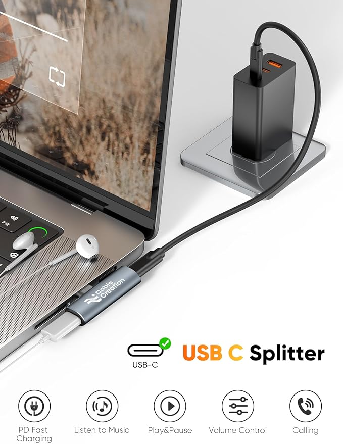 CableCreation USB C Splitter Adapter, Type C Aux Cord Adapter with PD 60W Fast Charging Compatible with New iPad Pro, MacBook, iPhone 16 15, Galaxy S9/S10/S20/S21 Ultra/S22/S23/S24, Pixel 9/8/7/6+