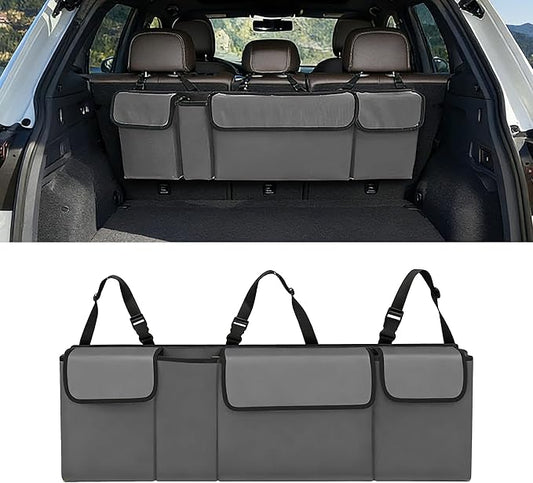 Car Trunk Organizer, Waterproof Backseat Hanging Large Storage with Adjustable Straps, Collapsible Cargo Bag with 4 Pockets, Car Interior Accessories for Truck, SUV, MPV (Gray)