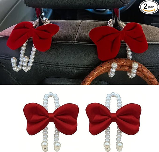 2 PCS Elegant Pearl Car Seat Headrest Hook, Cute Car Seat Hook Hanger Storage Organizer for Handbag Purse, Interior Decoration Headrest Hanger for Women (2PCS Red Bow)