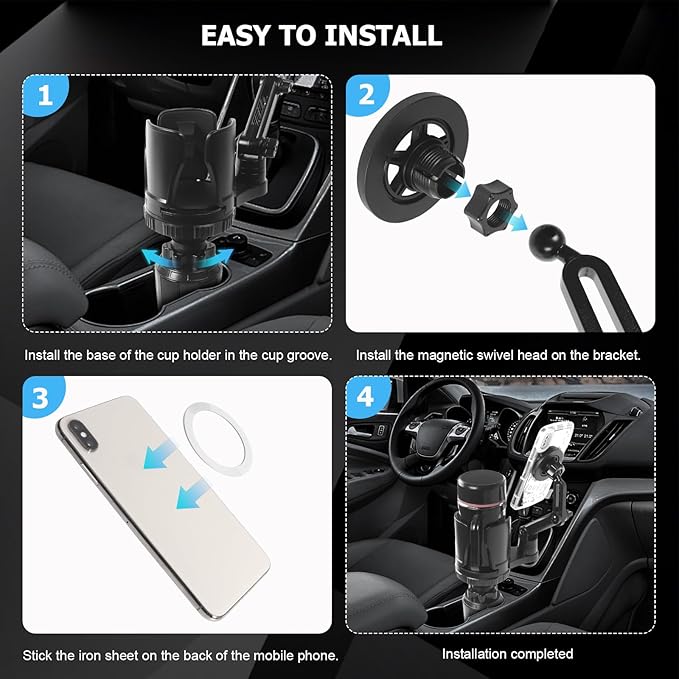 Frani Car Cup Holder Expander with Magnetic Phone Mount - Adjustable Insert Fits 2.68-4.33" Holders, 360° Gooseneck & Strong N52 Magnets for iPhone Samsung