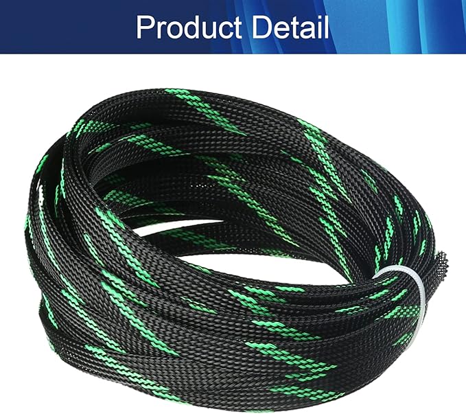 Aicosineg Black and Fluorescent Green PET Braided Sleeving 32.81 Ft Length 0.39 Inch Flat Width Cable Sleeve for Protect Cable 1Pcs