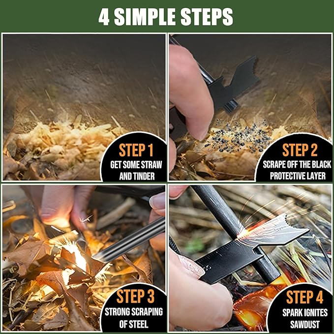 4 Pack Ferro Rod Fire Starter Flint Survival Tool Flint and Steel Fire Starter Kit 6-in-1, Portable Ferro Rod Striker with Paracord Handlead for Campfires Survival Emergency Kit