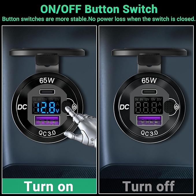 83W 12 Volt USB Outlet Built-in Boost USB C Laptop Car Charger: Ouffun 65W PD3.0 and 18W QC3.0 Car USB Port Aluminum Socket with Button Switch Smart Voltmeter, Suitable for Car RV Marine Golf Cart