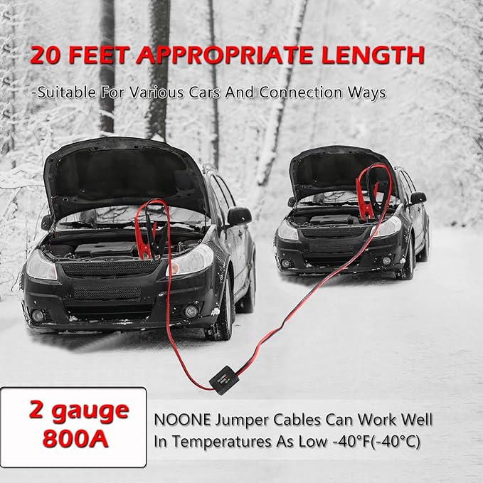 NOONE Heavy Duty Jumper Cables, 2 Gauge 20Feet 800Amp Automotive Booster Cables with Reverse Polarity Protection for Car, SUV and Truck, Jumper Cables Kit with Carry Bag
