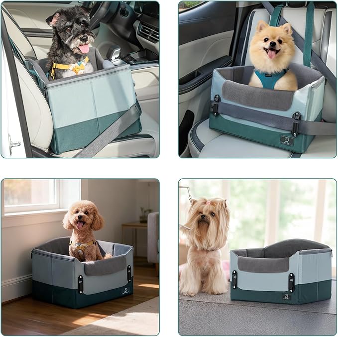 A 4 Pet Dog Car Seats for Small Dogs Under 25lbs – Safety Travel Booster Seat with Patent Buckles, Adjustable Leash – Reduces Anxiety & Road Trips – Frame Support for Cars, SUV, Pickup