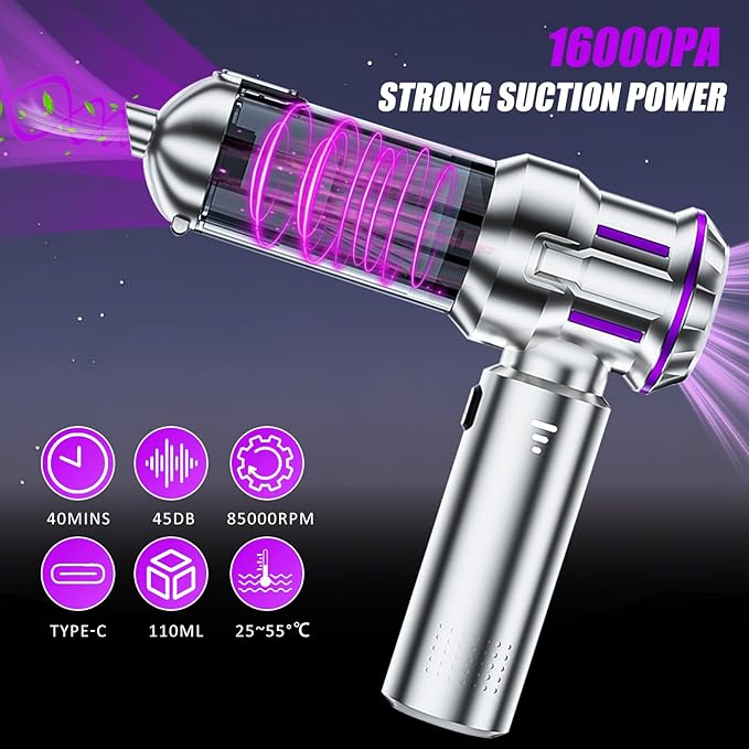 Handheld Car Vacuum Cordless, Mini Vacuum Cleaner Rechargeable, 16000Pa Hand Held Vacuum Cleaner Portable, Small Vacuum with Multi-Nozzles, Dust Duster for Car Home Office Pet (Silver Purple)