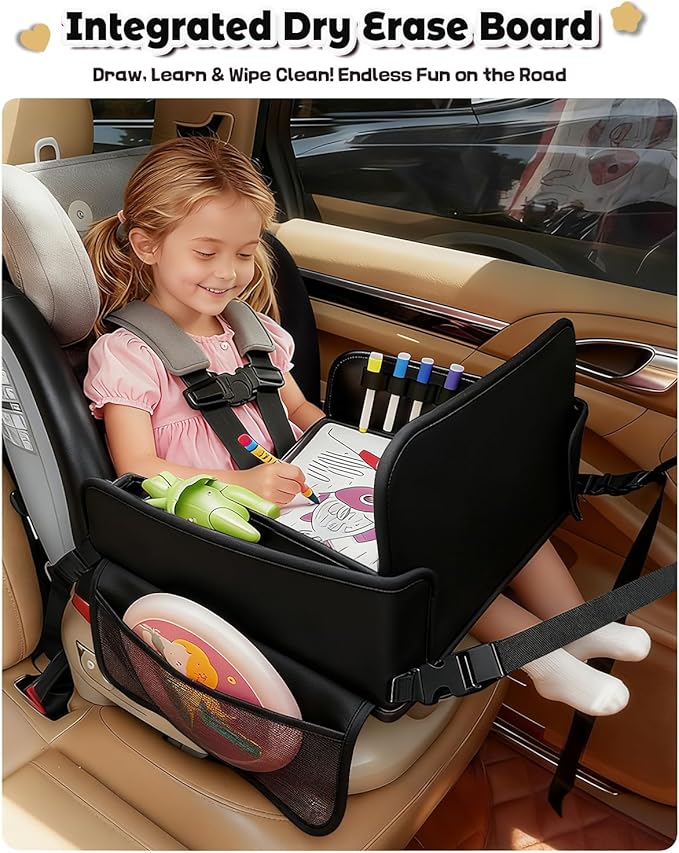 Leather Kids Travel Tray for Car - Car Seat Tray for Kids Travel, Road Trip Essentials, Carseat Table for Roadtrip Activities - Must Have Toddler Lap Desk Organizer for Airplane (Black)