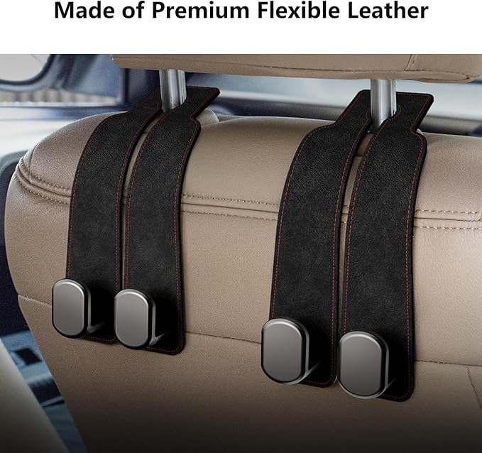 2 Pack Car Hooks for Headrest, Headrest Hooks Car Purse Hook Car Seat Back Storage Hook Premium Leather Car Seat Holder for Headrest Purses and Bags (Black)