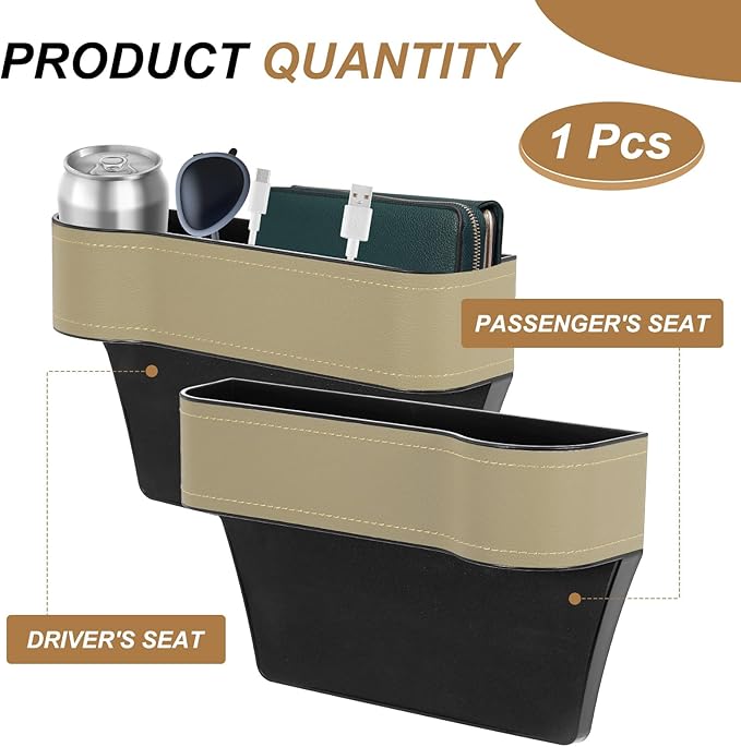 HARFINGTON Car Seat Gap Filler Organizer 10.2 x 6.5 x 3.1 Inch ABS+Leather Universal Car Organizer Storage Box Between Seat and Console (Right) with Cup Holders for Phone Keys, Beige