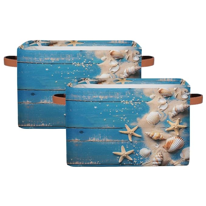 Blue Wooden Board Storage Baskets for Organizing, Fabric Collapsible Storage Bins Box Seashells Decorative Toy Organizer Baskets for Closet Shelves Gift Basket 2Pcs