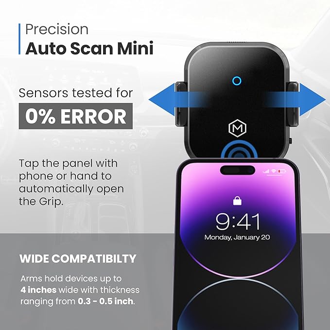 Wireless Car Charger Phone Mount – 15W Charging, Adjustable Stand, Two Mounting Options, Compatible with Phones 3 to 4 Inches - Mini Grip Cradle Multi Angle Suction Cup