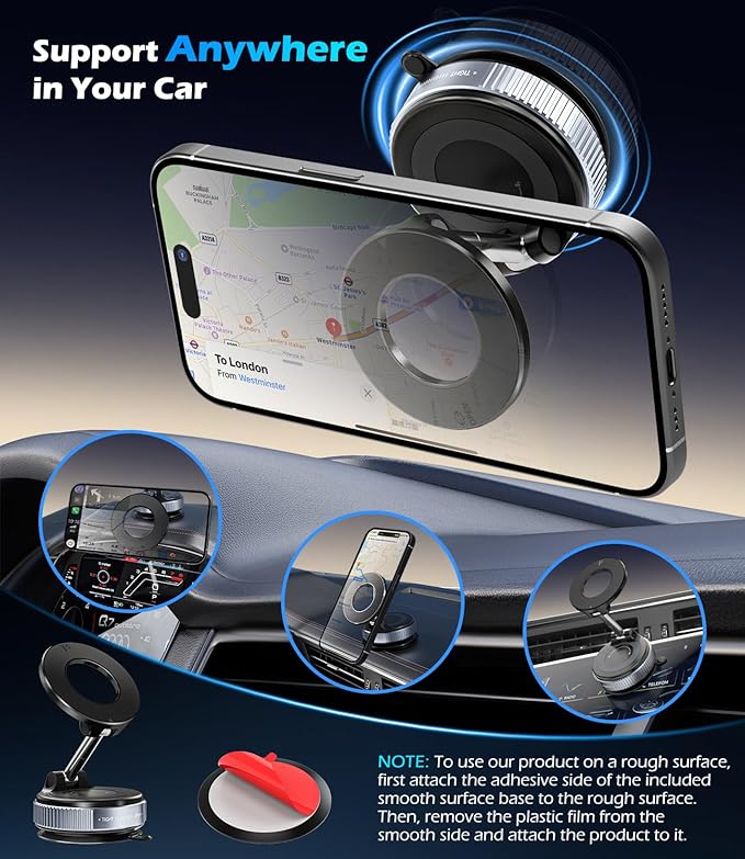 Car Phone Mount Holder for Magsafe, 360° Adjustable Magnetic Phone Holder Foldable Suction Cup Phone Mount for Car/Gym/Mirror Mount for iPhone/Android, Black