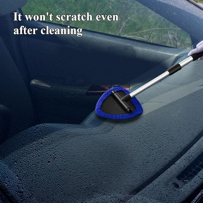 Windshield Cleaning Tool, Car Window Cleaner, Windshield Cleaner with 4 Washable Reusable Microfiber Pads and Extendable Handle, Auto Glass Wiper Cleaning Kit Universal for Car (Blue)