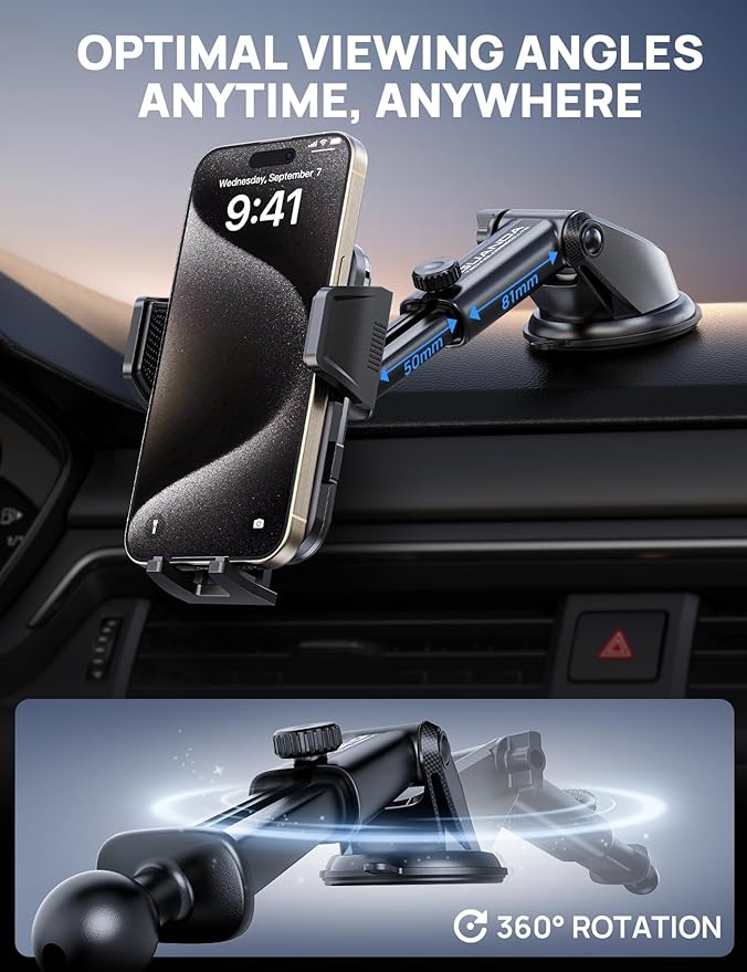 Car Phone Holder Mount [Military Grade Stable], 360° Rotatable Suction Cup Car Phone Mount for Dashboard Windshield ,Truck Cradle Stand for iPhone 17 16 15 Pro Max Samsung All Phone-2026 Upgraded
