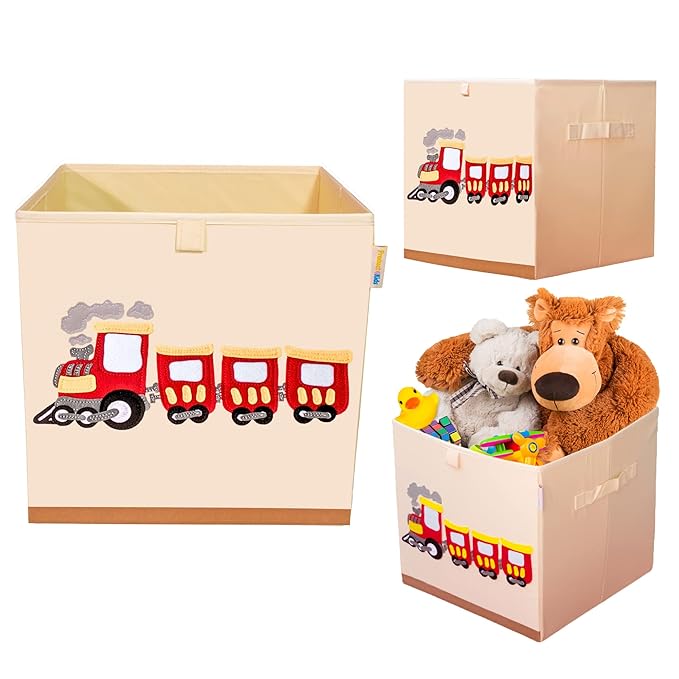 Washable Toy Box Storage Cube, Canvas Toy Chest Organizer Foldable Kids Toy Storage Organizers for Child's Bedroom or Playroom -13x13x13 Inch (Train)