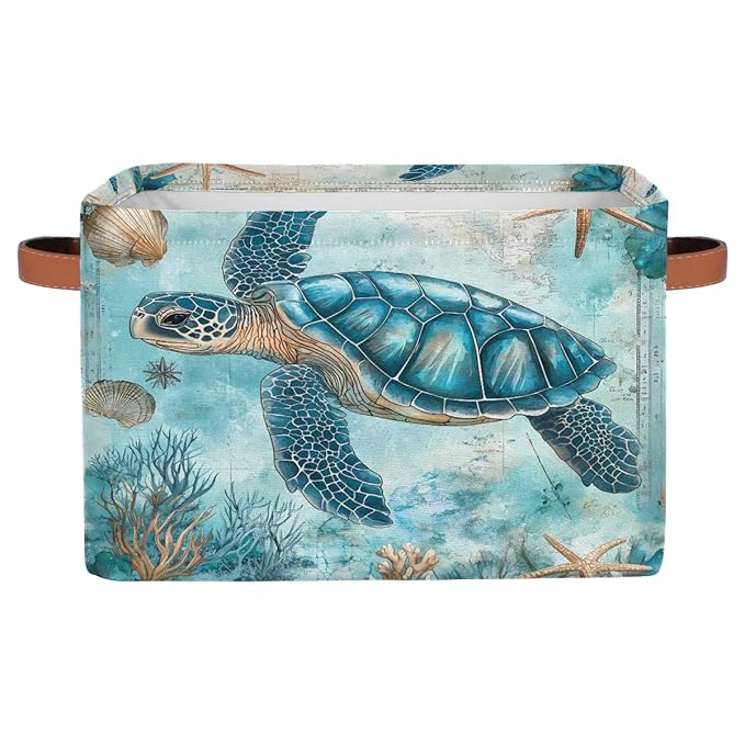 Turquoise Turtle Storage Baskets for Organizing, Fabric Collapsible Storage Bins Box Ocean Seashell Decorative Toy Organizer Baskets for Closet Shelves Gift Basket 1 Pc