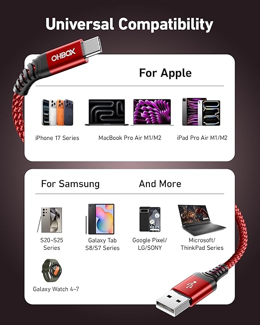 USB A to USB C Cable Fast Charging [2 Pack 6FT], USB to USB C Cable for Car, Durable Braided USB Type C iPhone Charger USBC Cord for iPhone 17/16/15/Pro Max/Plus, Samsung Galaxy S23 and More-Red