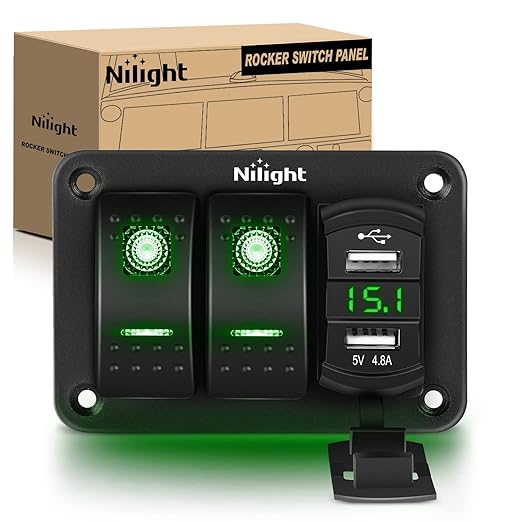 Nilight 2 Gang Rocker Switch Panel Green Backlit with 4.8 Amp Dual USB Charger Voltmeter Waterproof 12V 24V DC Night Glow Stickers for Car Trucks Boats RVs