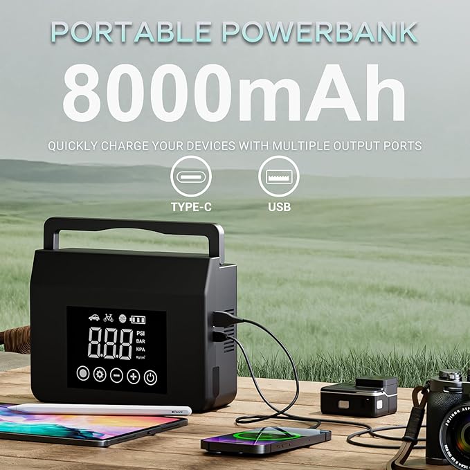 Hieha 4000A Jump Starter with Air Compressor, 12V Portable Car Battery Charger, 150PSI Tire Inflator, 15000mAh Power Bank, LED Flashlight for All Gas 8.0L & Diesel 7.0L Vehicles