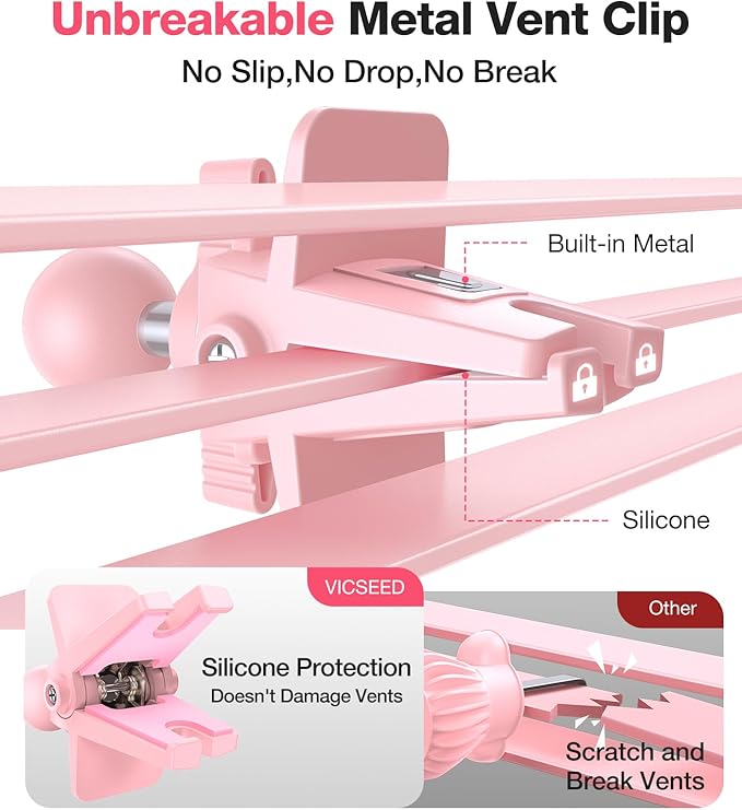VICSEED Pink Phone Holder for Your Car [ Sturdy & Secure ] Air Vent Phone Mount for Car Hands Free Easy Clamp Cradle in Vehicle for iPhone Samsung Android Smartphone, Pink Car Accessories