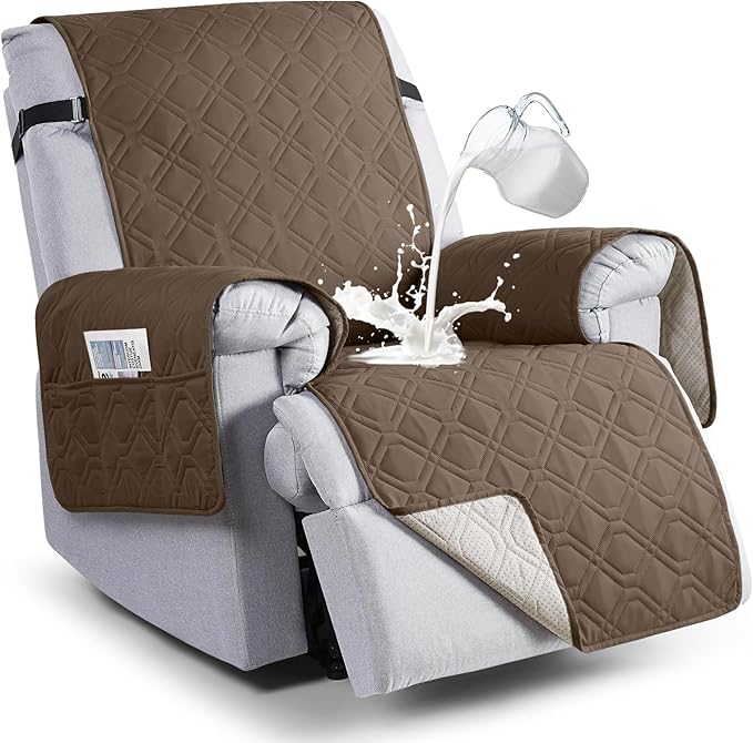 VANSOFY 100% Waterproof Recliner Chair Covers, Recliner Cover Non-Slip Dog Chair Cover Furniture Protector Washable Slipcover with Pocket, Elastic Straps for Pets, Dogs(Brown, 22")