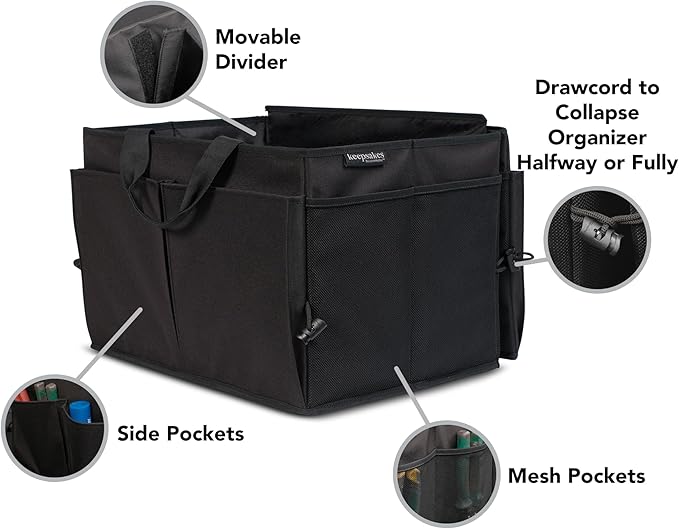 Covermates Keepsakes Heavy-Duty Trunk Organizer for Car, SUV, and Truck – Foldable Cargo Storage Bin with Adjustable Compartments and Multiple Pockets – Durable Automotive Organization, Black