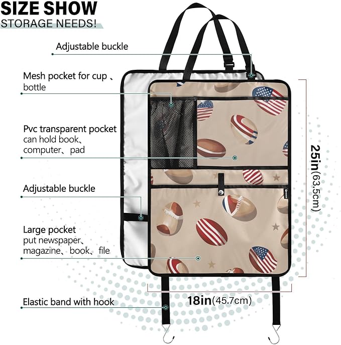 Brown Football and Flag 1 Pack Backseat Car Organizer with Storage Pockets Seat Back Organizers for Kids Kick Mats Backseat Protector Automotive