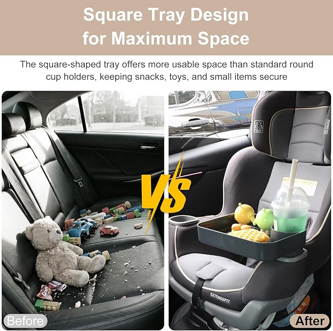 Car Seat Snack Tray for Kids, Square Car Seat Cup Holder Snack Tray with Adjustable Base, Durable CarSeat Tray for Toddlers, Universal Fit for Tesla, Safety Seats, Car Center Consoles (Dark Gray)