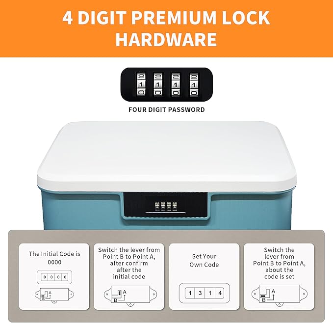Lockable Storage Container Bin, 4.2 Gallon Capacity Organizer Box with Combination Lock, Heavy Duty Plastic Trunk, Usable As Item Organizer Or Office File Storage(Blue)