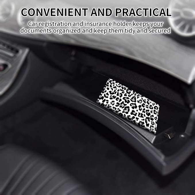 Car Registration and Insurance Card Holder, Premium Leather Vehicle Wallet Cover for Glove Box Car Organizer Drivers License / Cards / ID - Essentials Document Holder, White Cheetah Leopard Print