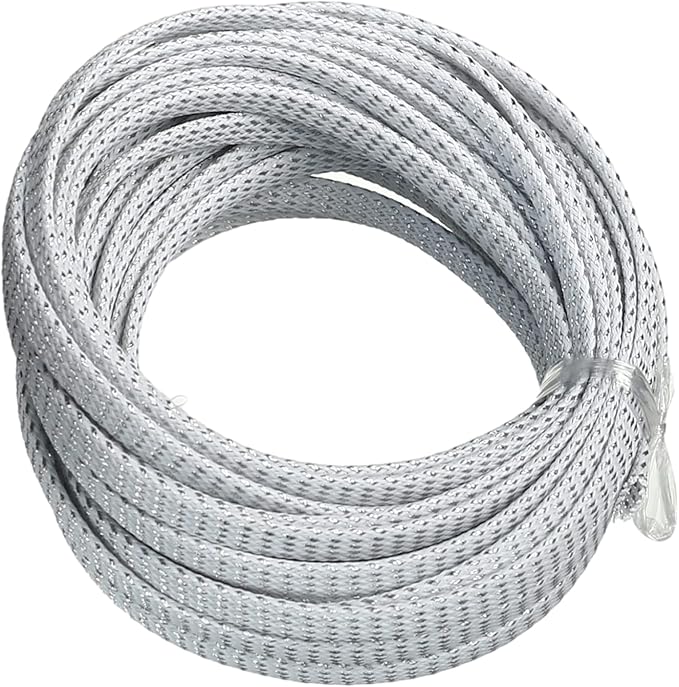 Aicosineg 32.81ft PET Flexible Braided Cable Sleeve 0.25inch Width Wire Loom Sleeving and Organizer Flexible Wire Mesh Sleeve Wrap Protector for TV Audio PC Cords from Pets Chewing Silver
