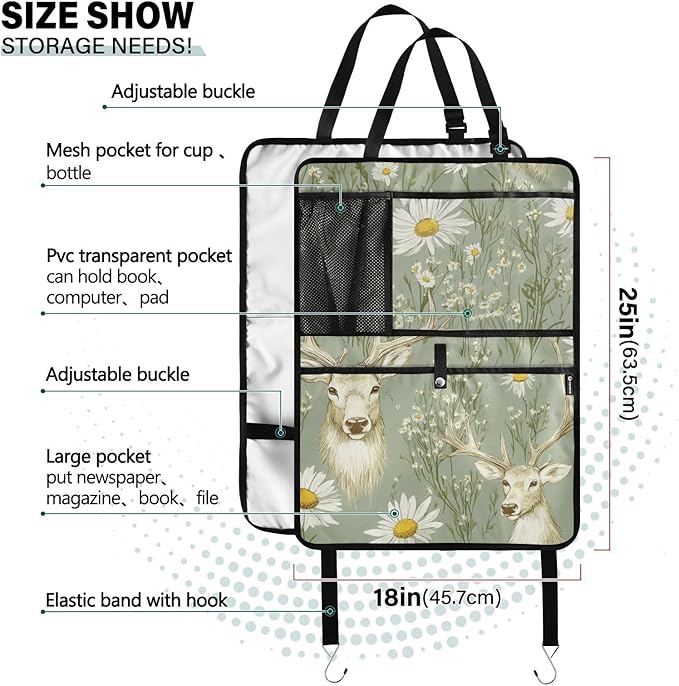 Sage Daisy Deer 1 Pack Backseat Car Organizer with Storage Pockets Seat Back Organizers for Kids Kick Mats Backseat Protector Automotive
