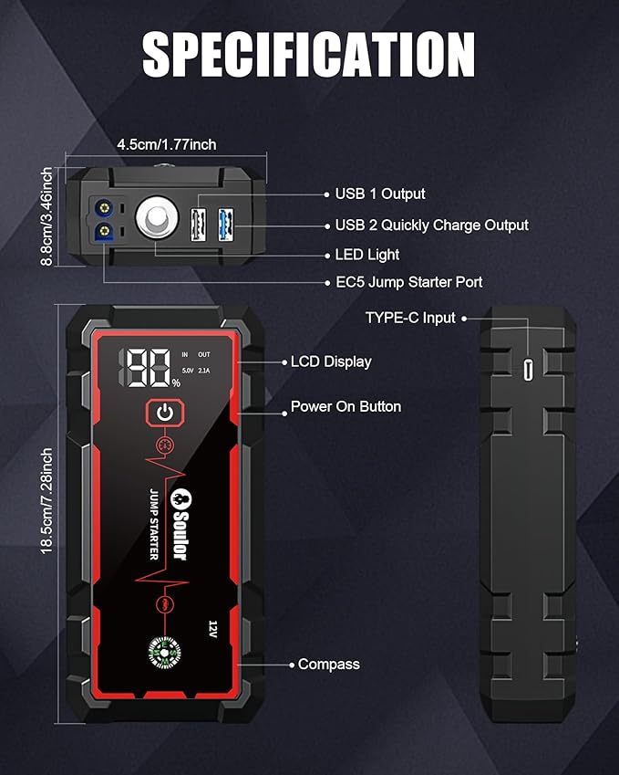 5000A Jump Starter Car Jumper Starter Portable Battery Booster Pack Jump Box with LED Display, LED Light and Jumper Cables(10.0L Gas and 10.0L Diesel)