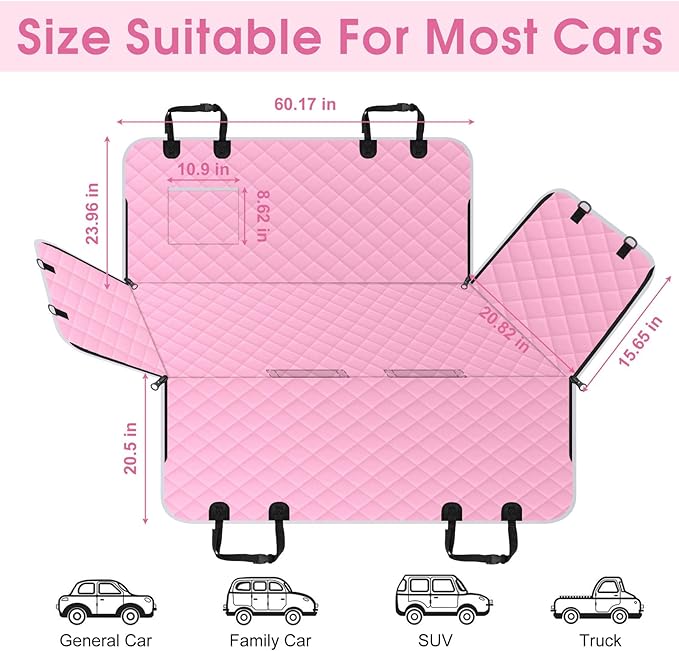 NECKORY Waterproof Dog Car Seat Cover for Back Seat - Durable, Scratch Proof Pet Hammock with Nonslip Design & Storage Pockets, Fits Cars, SUVs, Trucks - L, Pink/Grey