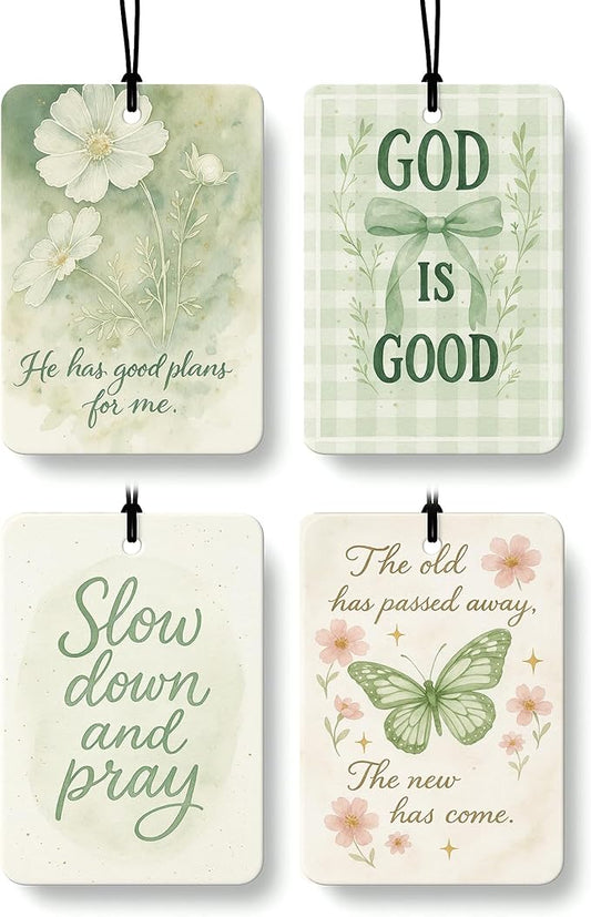 Retro Green Floral Bow Butterfly Christian Car Air Freshener 4 Pcs, Girly Religious Hanging Air Freshener for Cars Closet Drawer Books, Christian Car Accessories Mirror Decor for Women