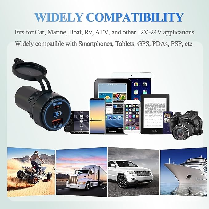 100W Dual USB Car Charger Socket PD100W QC3.0 Fast Charging Type C & Type A Ports 12V/24V Compatible for Cars Trucks RVs Boats Marine (PD100W QC3.0)