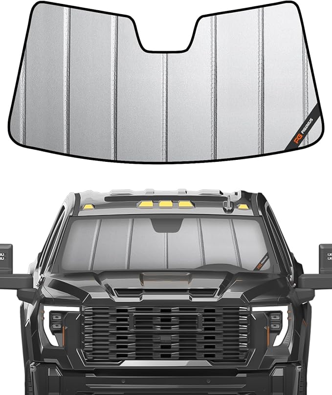 Pigenius Windshield Sun Shade Custom fits Chevy Silverado/GMC Sierra 1500 2019-2025 & 2500/3500 HD 2020-2025 New Body Style Only - Not for 2019 LD/Limited, Premium Grey Leather Finish