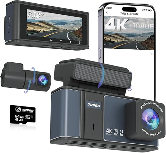 Dashcam Front and Rear Camera,TVFEA Dash cam 4K,Dual Dash Camera for Cars with Wi-Fi,3.18" LCD Screen,64GB Card,APP Control,Night Vision,WDR,Metal Shell,24H Parking Mode,G-Sensor,Loop Record