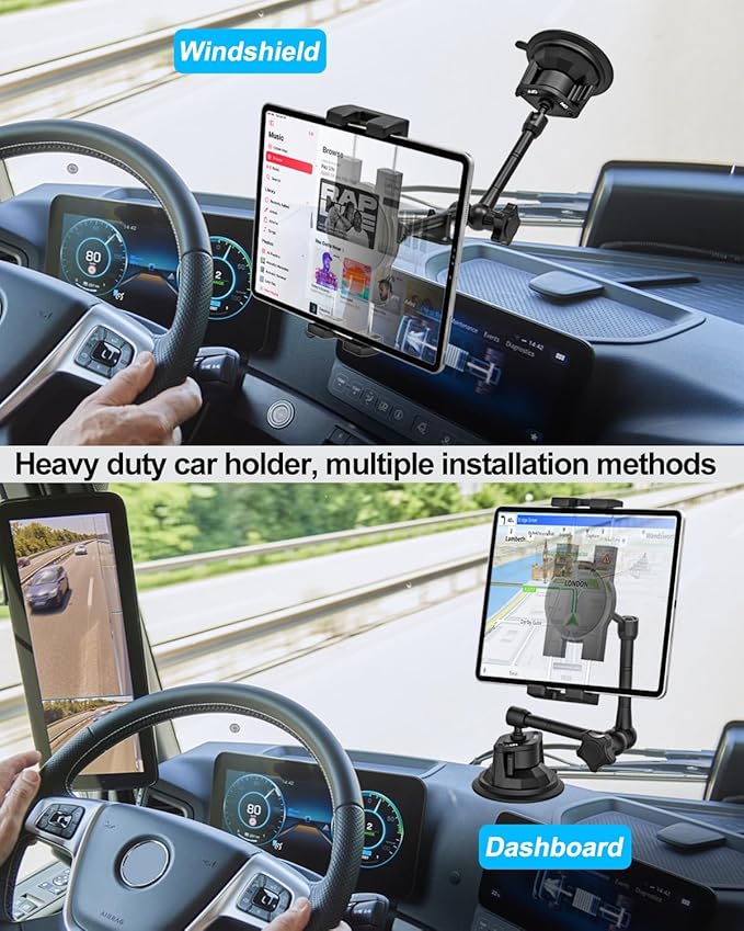 Car/Truck Tablet Mount for Dashboard Windshield, Vehicle Heavy Duty Suction iPad Holder with Metal Arm for 4-12.9" Tablet & Phones, iPad Pro/Air/Mini, Galaxy, Lenovo, iPhone etc