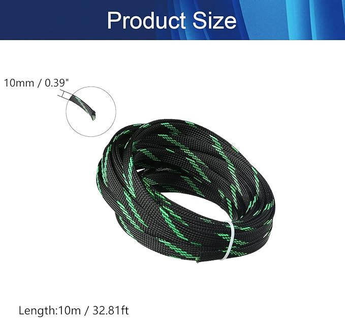 Aicosineg Black and Fluorescent Green PET Braided Sleeving 32.81 Ft Length 0.39 Inch Flat Width Cable Sleeve for Protect Cable 1Pcs