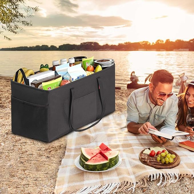 LHZK Standing Extra Large Utility Tote Bag with Metal Wire Frame and the Sides Rinforced, Extra Large Tote Bag with Handle, Reusable Grocery Bags Foldable, Beach Bag, Car Tote (Black)