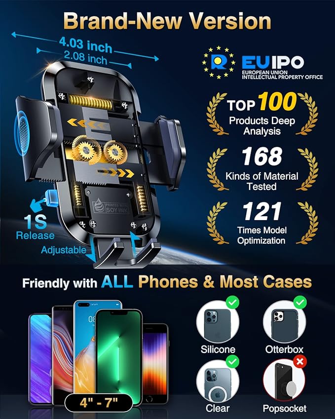 VANMASS Universal Car Phone Holder 2026【Strongest Suction & Military-Grade】Phone Holders for Your Car Windshield Dashboard Vent with【Patent & Safety Certs】Cell Phone Mount for iPhone Samsung Android