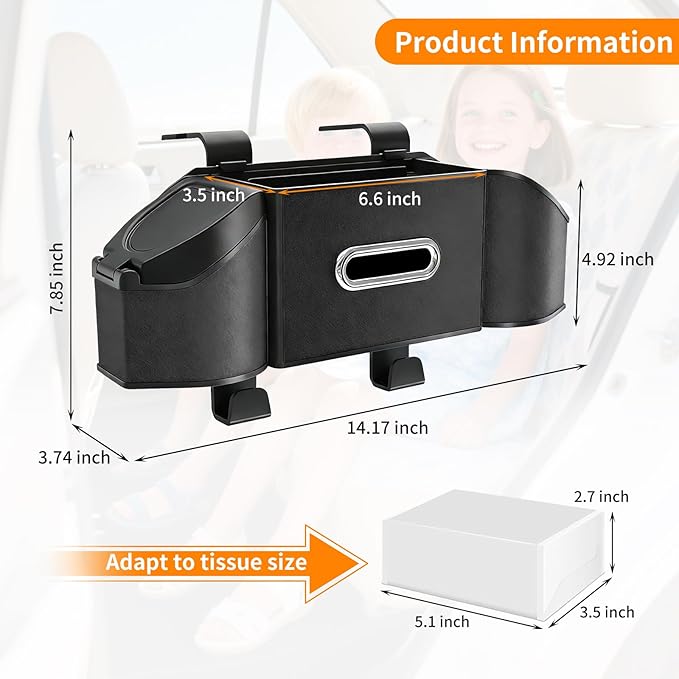 7-in-1 Multifunctional Car Seat Back Organizer, Car Back Seat Storage Box Trash Can & Cup Holder with Tissue Box, Hooks, Universal Fit for Most Cars, SUVs, Trucks (Black.)