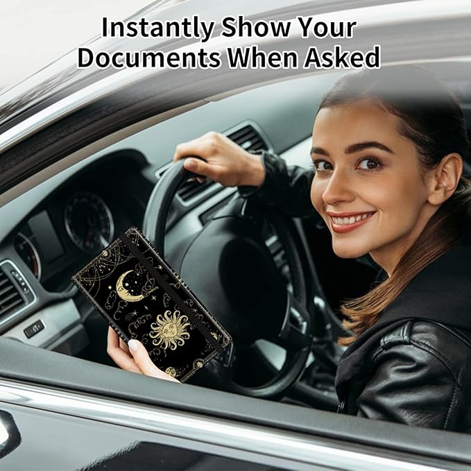 Car Registration and Insurance Card Holder, Vehicle License Documents Glove Box Compartment Organizer Wallet, ID Card Holder for Car Essentials Automobile, Sun Moon Clouds Witchy