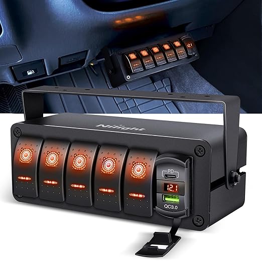Nilight 5 Gang Rocker Switch Box 12V SPST ON Off Toggle Switches PD Type C and QC 3.0 USB Sockcet Voltmeter Orange LED Light Waterproof Aluminum Mount Bracket Panel DIY Stickers for Boat Car RV Truck