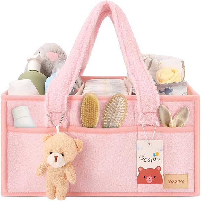 YOSING Cute and Playful Pink Diaper Caddy Organizer, 13 Compartments, Adjustable, Baby Diaper Caddy for Car, Changing Table, Nursery Storage, Car Organizer for Diapers and Baby Wipes