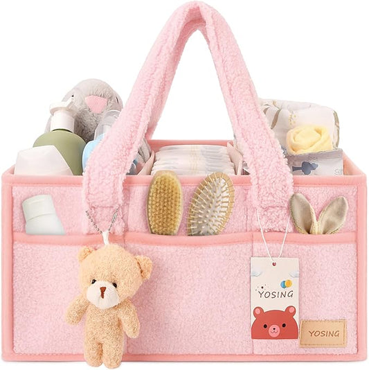 YOSING Cute and Playful Pink Diaper Caddy Organizer, 13 Compartments, Adjustable, Baby Diaper Caddy for Car, Changing Table, Nursery Storage, Car Organizer for Diapers and Baby Wipes