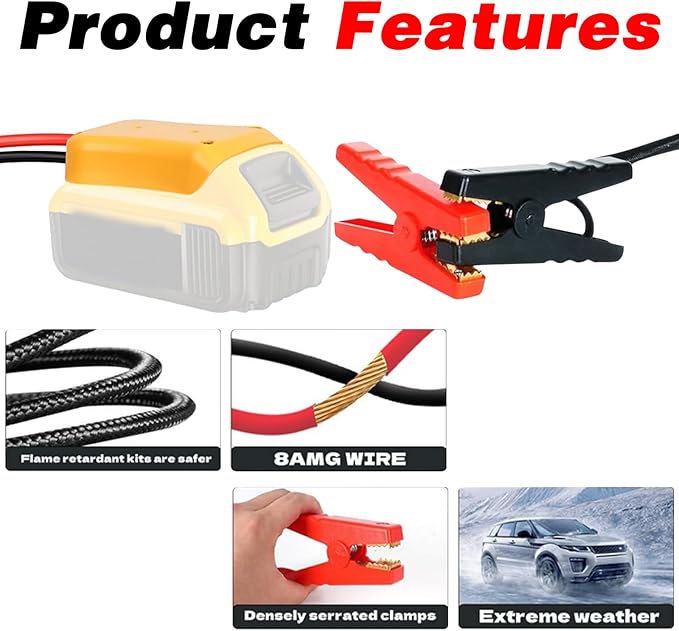Jumper Cables with Adapter for Dewalt 20V Battery, 3.3FT 8AWG Portable Battery Jumper Starter Automotive Booster Cables Power for Car Jump Starting Using Tool