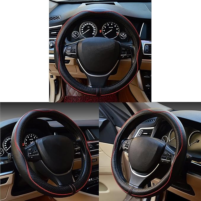 Car Steering Wheel Cover, Anti-Slip, Safety, Soft, Breathable, Heavy Duty, Thick, Full Surround, Sports Style (Black with Red line)