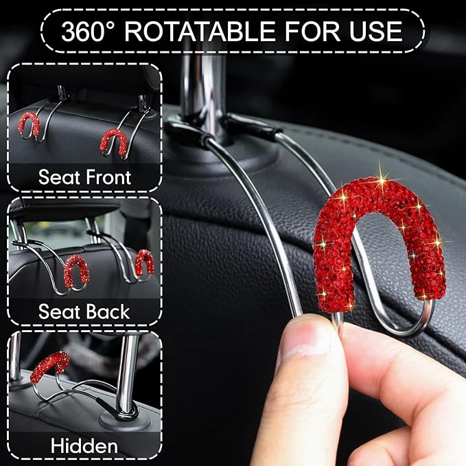 Soleebee 2 Pack Bling Car Headrest Hooks Crystal Rhinestones Universal Car Seat Hook Auto Hook Durable Car Back Seat Hangers Storage Organizer (Red)
